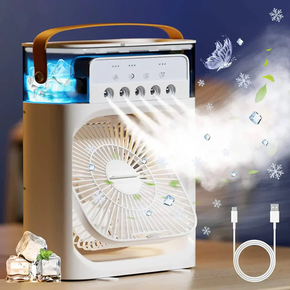 NovaHaven IceBox Mini Air Cooler with Mist Spray, LED Control Panel & Water Tank – USB-Powered Personal Cooling Fan for Desk, Home & Travel